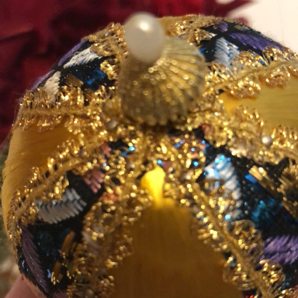 Gold Silk Ball Ornament Yellow Silk beaded ornament mid century Christmas